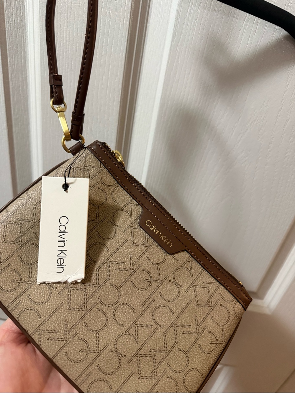Calvin Klein Beige & Brown Signature Crossbody Wristlet